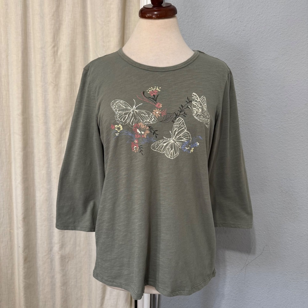 Christopher & Banks Womens Olive Green Butterfly Floral 3/4 Sleeve Graphic Top M